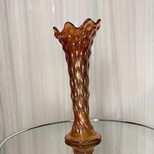 MCM Fenton Iridescent Carnival Amber Relief Glass Swung 11” Vase
